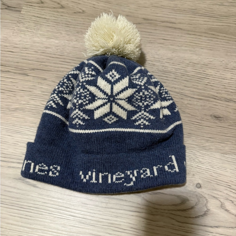 Vineyard Vines Wool Cashmere Pom Beanie Snowflake Winter Hat Blue OS